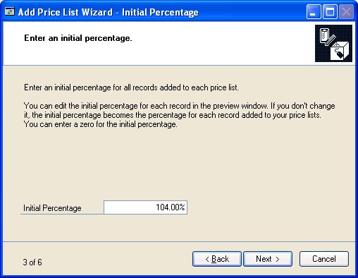 Screenshot of the Add Price List Wizard - Initial Percentage window.