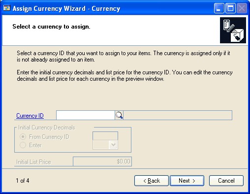 Screenshot of the Assign Currency Wizard - Currency window.