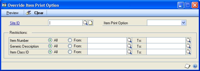 Screenshot that shows the Override Item Print Option window.