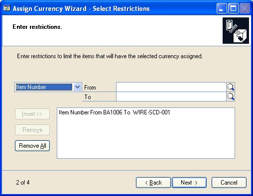Screenshot of the Assign Currency Wizard - Select Restrictions window.