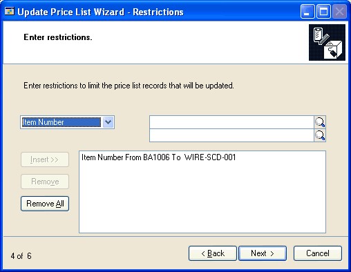 Screenshot of the Update Price List Wizard - Restrictions window.