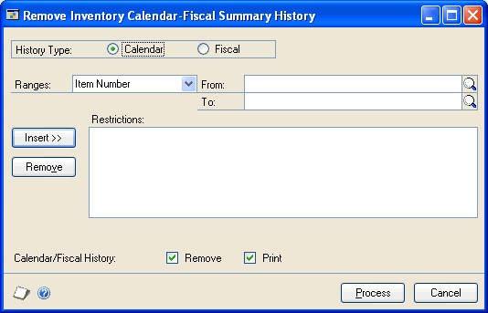 Screenshot of the Remove Inventory Calendar-Fiscal Summary History window.