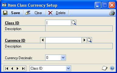 Item Class Currency Setup window