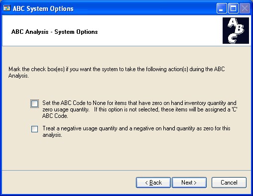 Screenshot of the ABC System Options window.