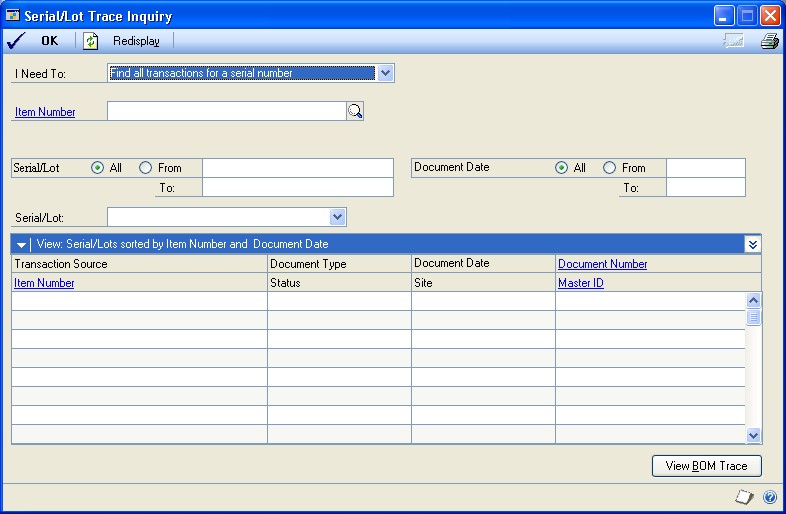 Screenshot of the Serial/Lot Trace Inquiry window.