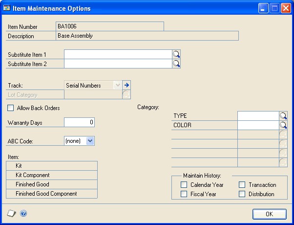 Screenshot of the Item Maintenance Options window.