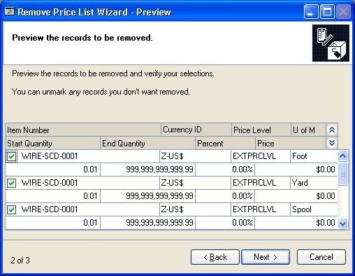 Screenshot of the Remove Price List Wizard - Preview window.