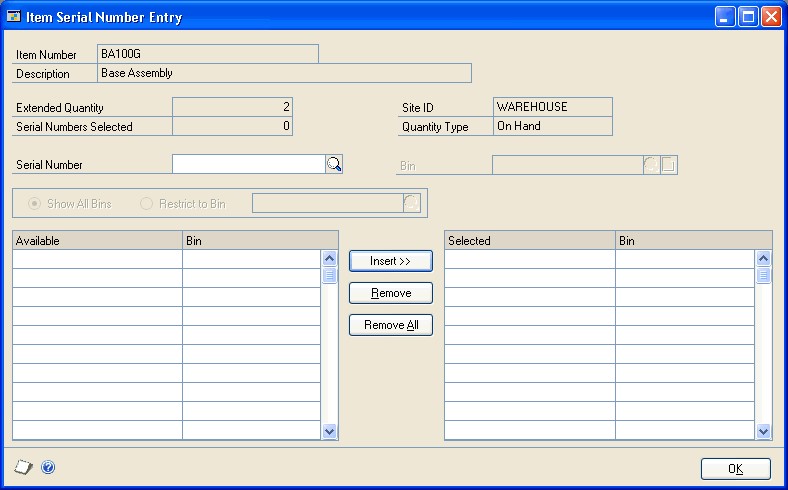 Screenshot that shows the Item Serial Number Entry window.