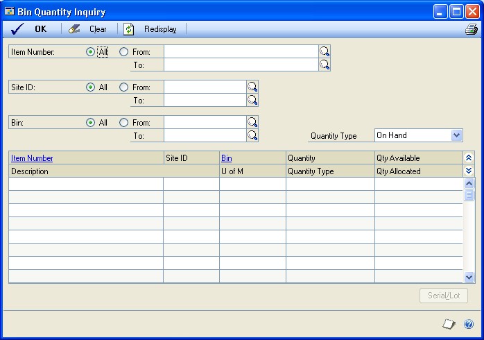 Screenshot of the Bin Quantity Inquiry window.