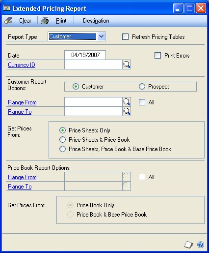 Screenshot of the Extended Pricing Report window.