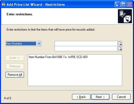 Screenshot of the Add Price List Wizard - Restrictions window.