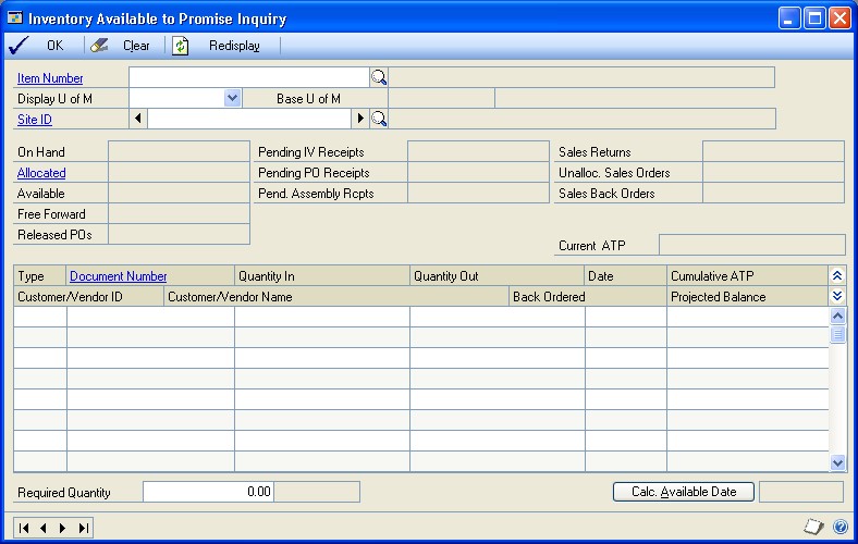 Screenshot of the Inventory Available to Promise Inquiry window.