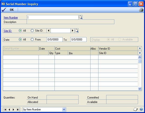 Screenshot of the Serial Number Inquiry window.