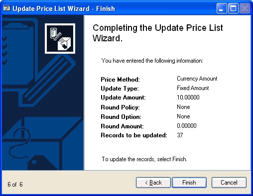 Screenshot of the Update Price List Wizard - Finish window