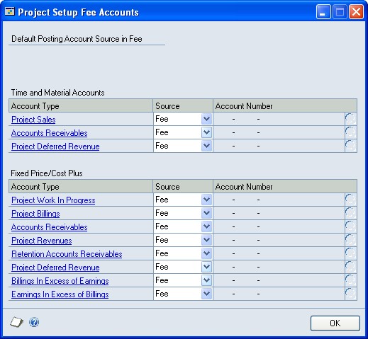 Screenshot of the Project Setup Fee Accounts window.