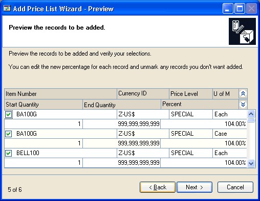 Screenshot of the Add Price List Wizard - Preview window.