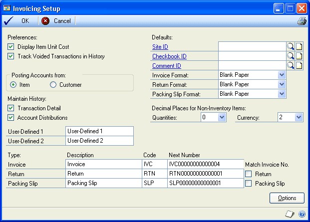 Screenshot of the Invoicing Setup window.