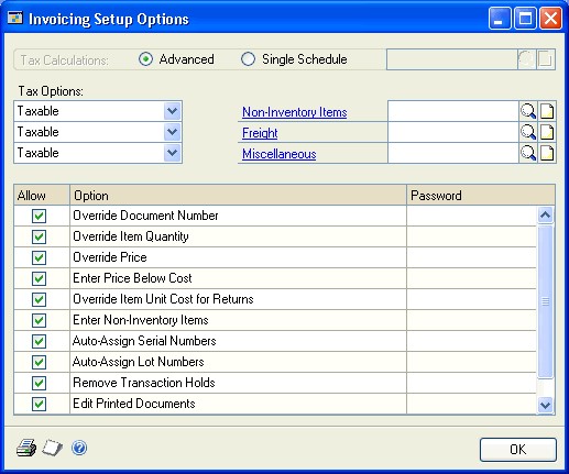 Screenshot of the Invoicing Setup Options window.