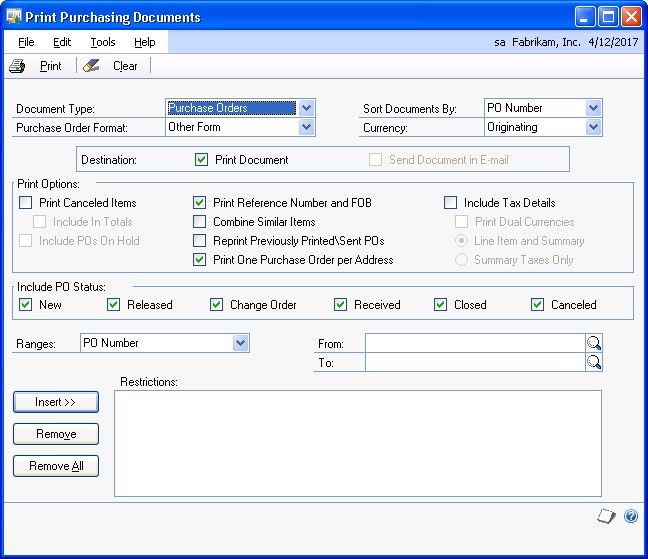 Screenshot that shows the Print Purchasing Documents window.