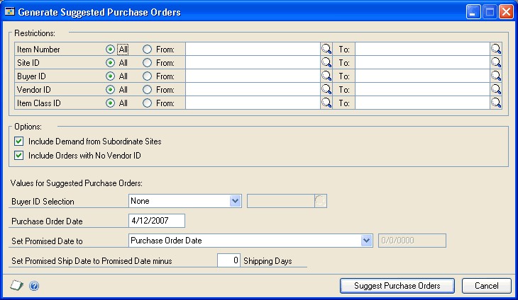 Screenshot that shows the Generate Suggested Purchase Orders window.