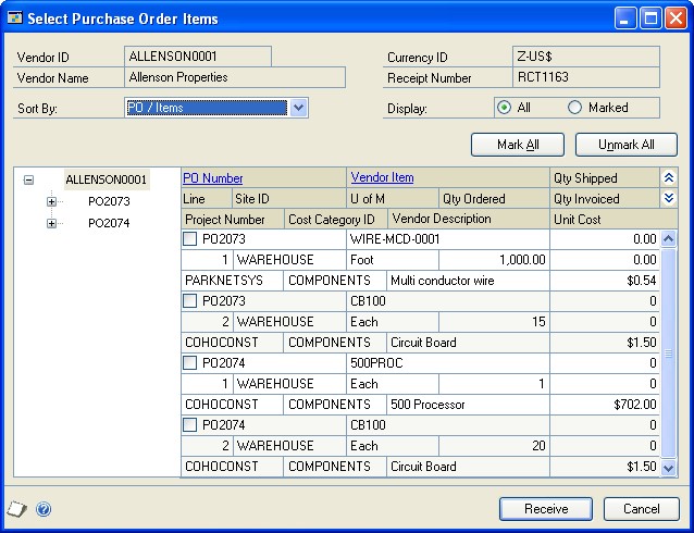 Screenshot of the Select Purchase Order Items window.