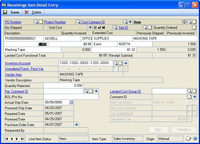 Screenshot of the Receivings Line Item Tax Detail Entry window.