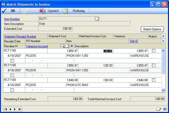 Screenshot of the Match Shipments to Invoice window, which shows the window's default appearance.