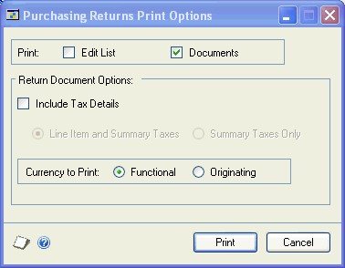 screenshot Purchasing Returns Print Options