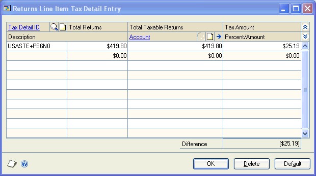 screenshot Returns Line Item Tax Detail Entry