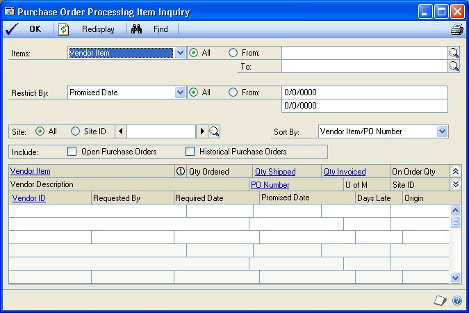 screenshot Purchase Order Processing Item Inquiry