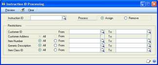 Screenshot that shows the Instruction ID Processing window.