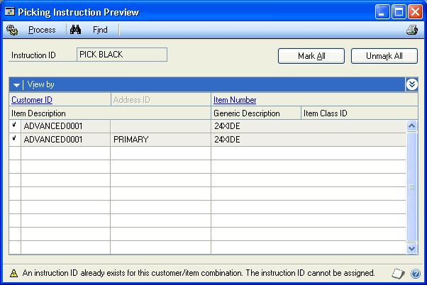 Screenshot that shows the Picking Instruction Preview window.