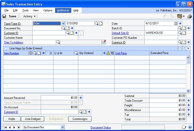 Screenshot of the Sales Transaction Entry window.