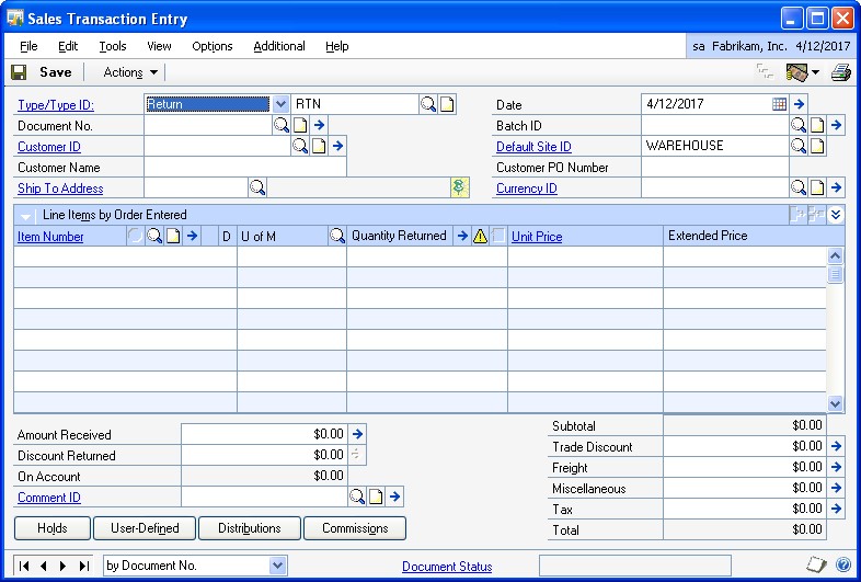 Screenshot that shows the Sales Transaction Entry window after choosing Return.