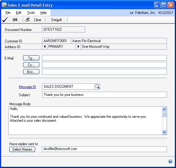 Screenshot that shows the Sales E-mail Detail Entry window.