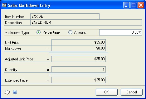 Screenshot that shows the Sales Markdown Entry window.