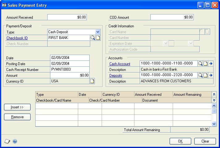 Screenshot of the Sales Payment Entry window.