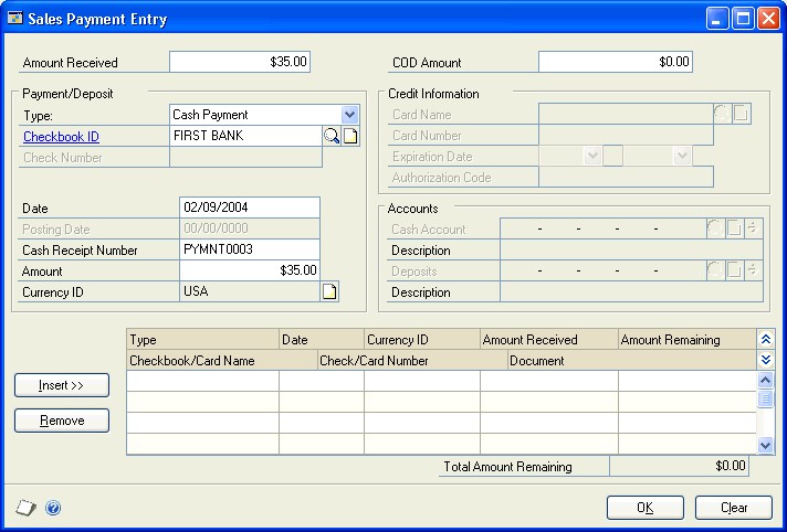 Screenshot that shows the Sales Payment Entry window.