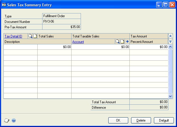 Screenshot that shows the Sales Tax Summary Entry window.