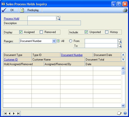 Screenshot of Sales Process Holds Inquiry window, showing input options before entries have been made.