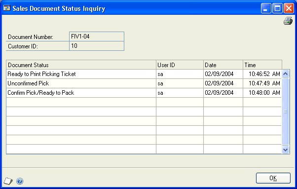 Screenshot of window, showing examples of document status entries, including ready to print picking ticket, unconfirmed pick, and confirm pick/ready to pack.