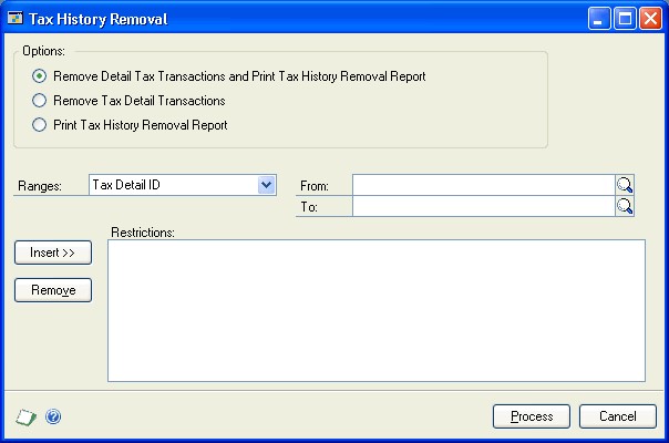 screenshot of the Tax History Removal window.