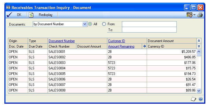 Screenshot of the Receivables Transaction Inquiry - Document window.