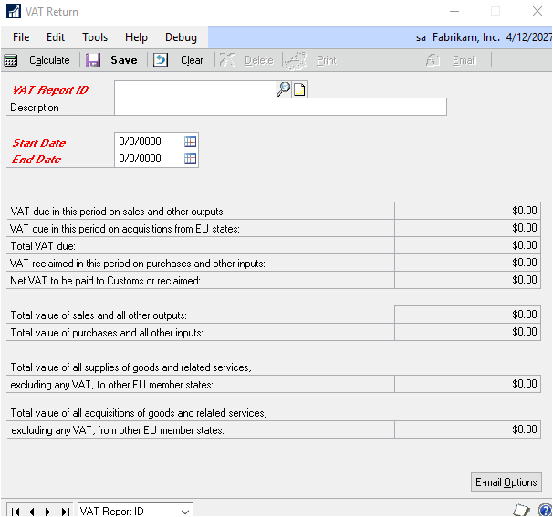 Screenshot of the VAT Return window, showing default entries and empty input boxes.