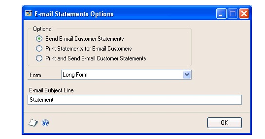 Screenshot of the window, showing selections of send email customer statements and long form.  Statement is entered in the email subject line.