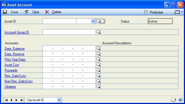Screenshot shows the Asset Account window.