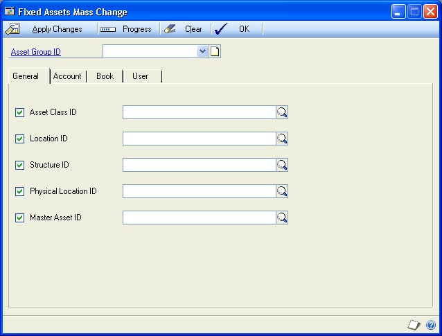 Screenshot shows the Fixed Assets Mass Change window.