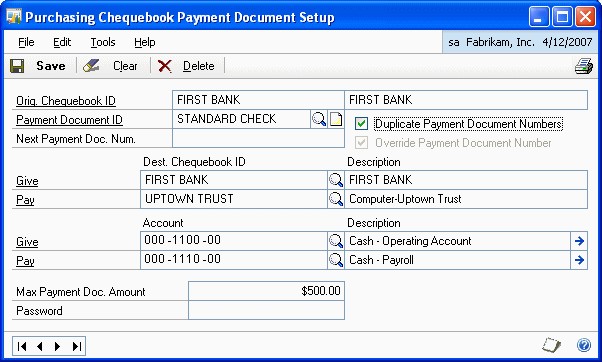 Screenshot of the Purchasing Chequebook Payment Document Setup window.