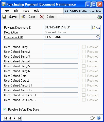 Screenshot of the Purchasing Payment Document Maintenance window.
