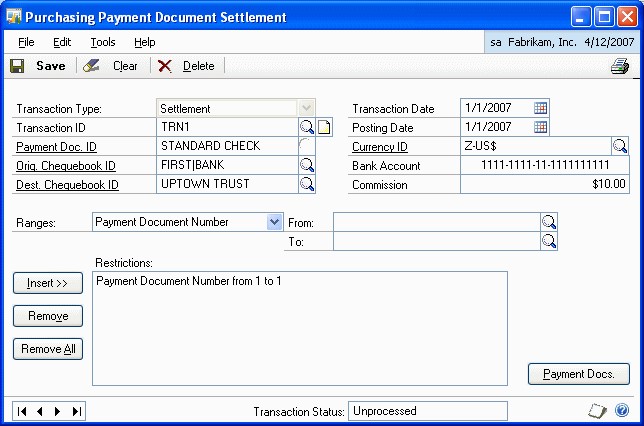 Screenshot of the Purchasing Payment Document Management Setup window.